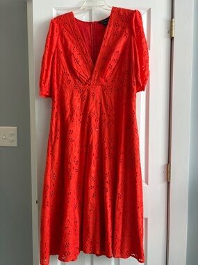 Maggy London Red Eyelet V-Neck Midi Dress